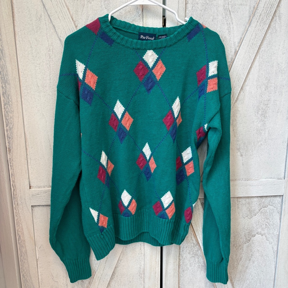 Vintage Par Four Argyle Sweater Women’s Large Green Multicolor